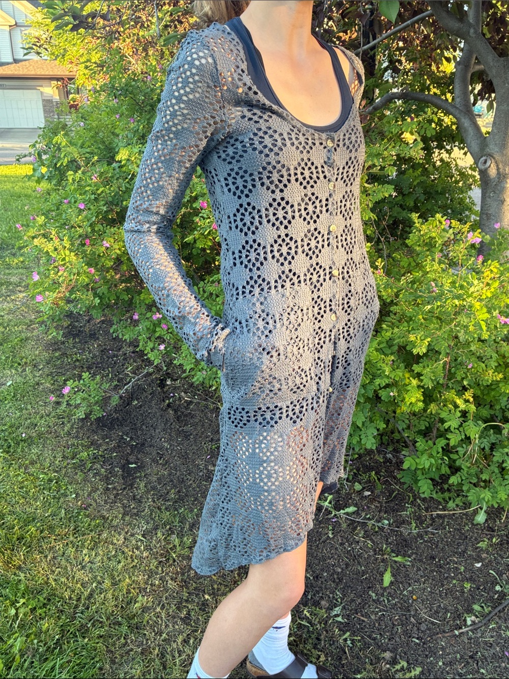 Free People Charcoal Crochet Open-Front Duster Cardigan (XS) - Picture 4 of 5